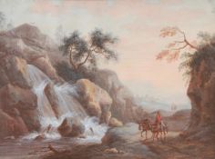 Circle of Charles-Louis Clérisseau Travellers passing a cascade Gouache 16 x 21.5cm (6 1/4 x 8 1/