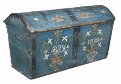 A North European polychrome painted and iron bound chest, dated 1848, probably Swiss or