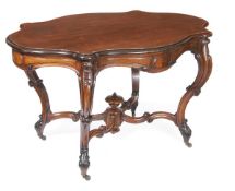 A Victorian rosewood centre table, circa 1870, serpentine top, scrolling legs and shaped stretchers