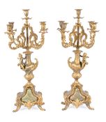 A pair of French gilt metal and green onyx mounted five light candelabra in the Louis XV taste,