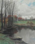 DS Albert Stagura (1866-1947) Landscape with farm buildings by a pond Pastel Signed and dated 1920