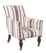 A William IV mahogany and upholstered library chair, circa 1835, shaped rectangular back and arms,