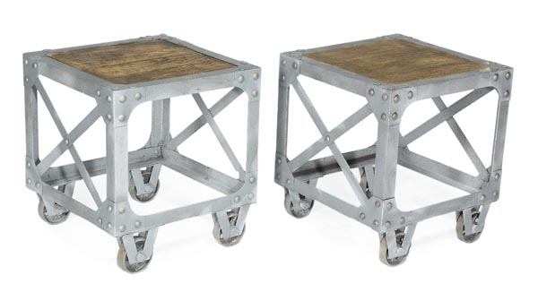 A pair of iron and elm occasional tables, 20th century, rectangular tops, frame bases with x shaped