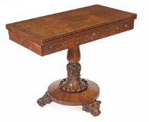 A William IV rosewood folding card table, circa 1835, hinged top opening to a baize inset, turned