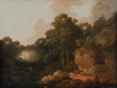 Attributed to Peter la Cave A wooded river landscape with a drover and his cattle Oil on panel 30 x