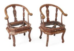 A pair of Chinese hardwood and marquetry armchairs, 19th/early 20th century, decorated with