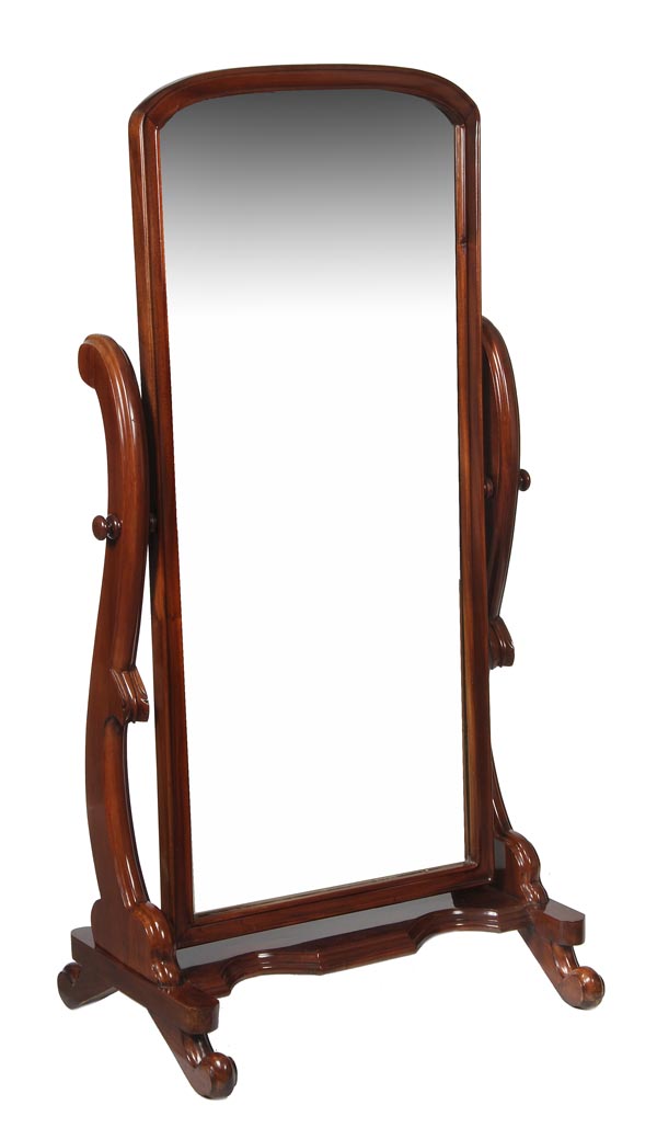 A mahogany framed cheval mirror in Victorian style, rounded rectangular mirror plate held within
