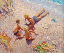 DS Ken Moroney (b.1949) Three Kids, Brighton Beach Oil on canvas Signed lower left 25 x 30.5cm (9