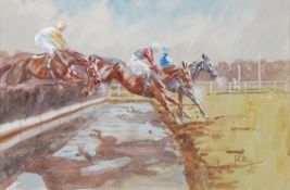 John King (20th century) The last hurdle at Newbury Races Watercolour Signed lower right and