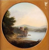 Circle of Alexander Nasmyth, Figures in boats by an arcadian ruin, Oil on canvas, Circular, 30.5cm d