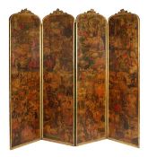 A Victorian decoupage decorated four fold screen, circa 1860, 210cm high, each fold 55cm wide,