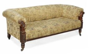 A Victorian walnut and upholstered chesterfield sofa, circa 1870, rectangular overscrolling back