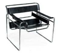 A black leather and chromed metal, ‘Wassily’ armchair, after a design by, Marcel Breuer, of recent m