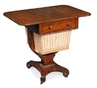 A Regency rosewood work table, circa 1815, hinged rectangular top, frieze drawer, with silk