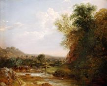 Thomas Creswick (1811-1869), Travellers by a river, Oil on board, Signed lower right, 25.5 x 30.