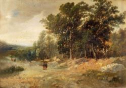 Enrique Ferau Alsina (1825-1887), Figures in a wooded landscape, Oil on board, Signed and dated