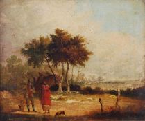 Manner of Thomas Gainsborough, Travellers in a landscape, Oil on board, 22 x 28cm (8 3/4 x 11in)