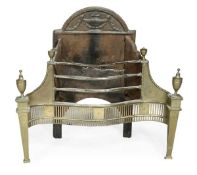 An iron and steel firegrate in George III style, early 20th century, arched back, pierced grille