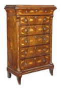 A Dutch walnut and marquetry inlaid semainier, circa 1800, moulded cornice, arrangement of