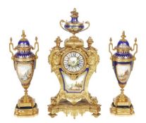 A Fine French Sevres style porcelain mounted ormolu mantel clock garniture Retailed by John Bennett,