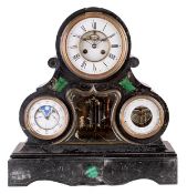 A French malachite inset Belge noir marble perpetual calendar mantel clock with moonphase, barometer