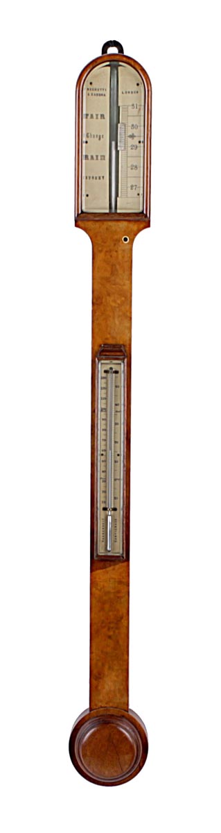 A Victorian burr walnut mercury stick barometer. Negretti and Zambra, London, circa 1880. The arched