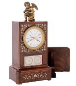 A fine French Louis Philippe rosewood and marquetry mantel clock with calendar and alarm Taveau