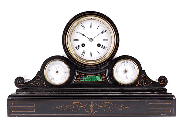 A French malachite inset Belge noir marble mantel clock with barometer and thermometer Retailed by