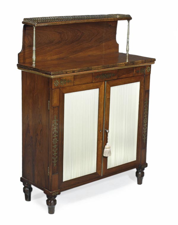 A Regency rosewood and brass marquetry side cabinet, circa 1815, pierced brass three quarter