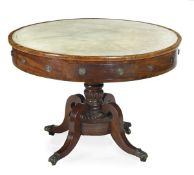 A George IV mahogany drum library table, circa 1825, leather inset top, alternate frieze drawers