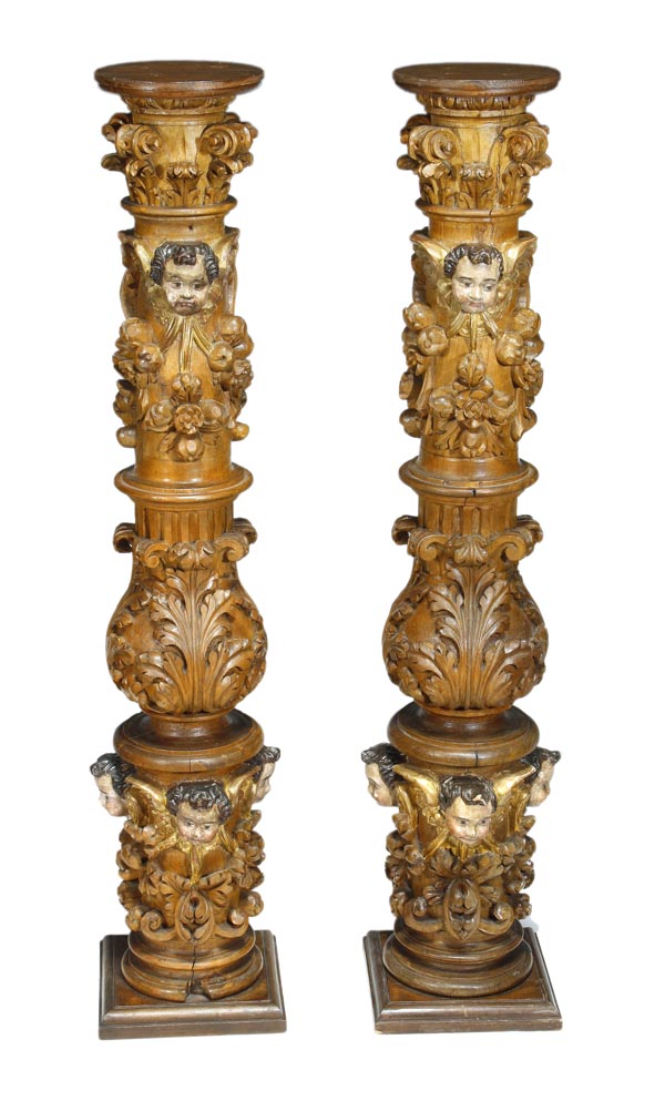 A pair of carved pine, parcel gilt and painted pedestal columns, 18th century and later, each