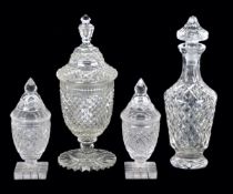 A Regency-style cut-glass urn-shaped bonboniere and cover, 33cm high; another pair smaller, 21cm