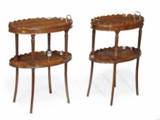 A pair of yew and brass mounted two tier occasional tables in Regency style, of recent manufacture,