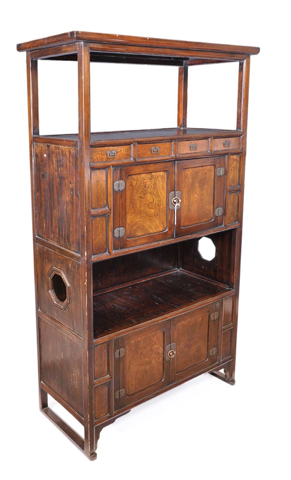 A Chinese hardwood and elm cabinet, 20th century, moulded upper shelf and a further open shelf