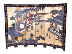 A Chinese export six fold polychrome lacquered and gilt decorated room screen, late 19th/early 20th