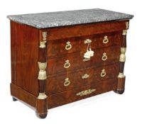 An Empire mahogany and gilt metal mounted commode, circa 1810, marble top, three long drawers,