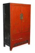 A pair of Chinese red and black lacquer press cupboards, 19th/20th century, of rectangular form,