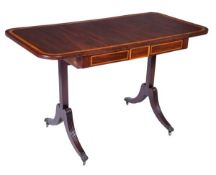 A George IV mahogany and satinwood crossbanded sofa table, circa 1825, hinged rectangular top, each