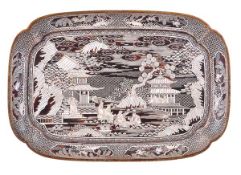 A Chinese lac burgaute style tray of quatre-lobed rectangular form inlaid in abalone shell with a