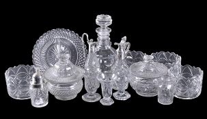 A selection of cut-glass, comprising; three various silver-mounted flat-cut cruets, four flat-cut