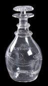 An engraved commemorative club-shaped decanter and a stopper, possibly Belfast, inscribed L THOMAS