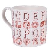 Eric Ravilious for Wedgwood, an Alphabet mug, designed 1937, pink printed design, pink printed