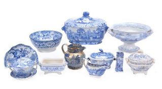 A selection of British blue and white printed pottery, including a rectangular soup tureen and