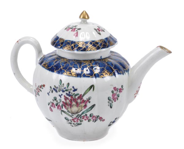 A Liverpool porcelain (Philip Christian) fluted globular polychrome teapot and cover, painted with