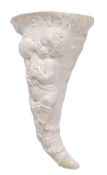 An English creamware cornucopia wall pocket, moulded in relief with a bacchic putto, 22.5cm high,