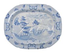 A Brameld pottery `well and tree` blue and white meat plate, printed with the `India` pattern, 52cm