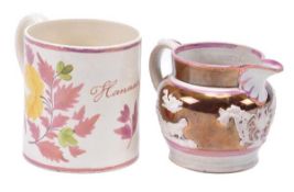 A British pottery commemorative mug, named Hannah, and painted in shades of pink-lustre, green and