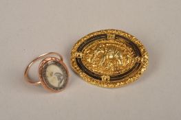A late 18th century memorial ring, with painted sepia mourning scene and black enamel motto
