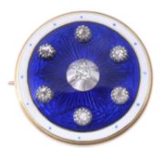 A 19th century diamond and blue enamel brooch, the circular plaque with royal navy blue enamel and