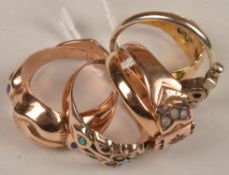 Six Victorian genset rings, including two 9 carat gold turquoise and seed pearl flower head rings,